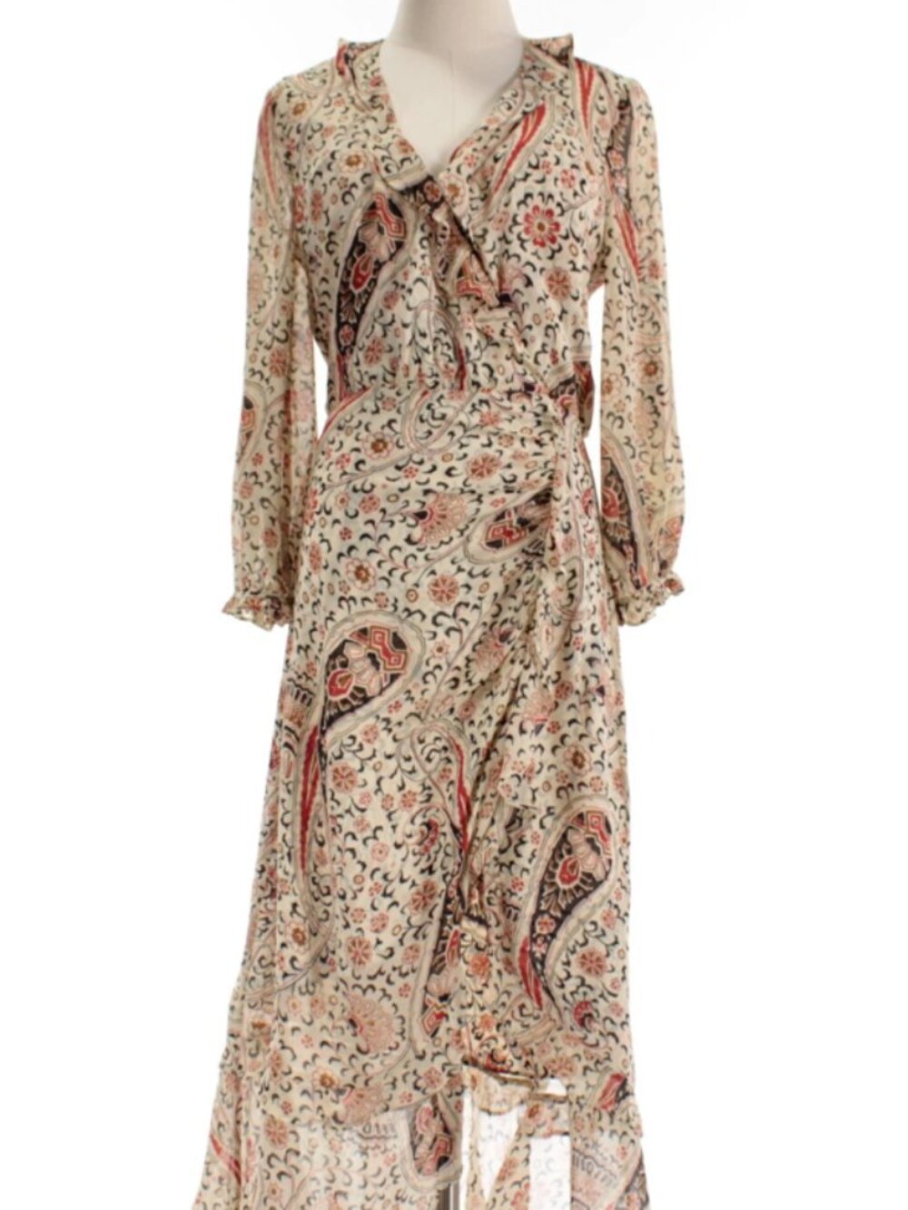 Veronica Beard Derby Wrap Midi Dress Size 10 in Oat Beige/Red Multi Paisley